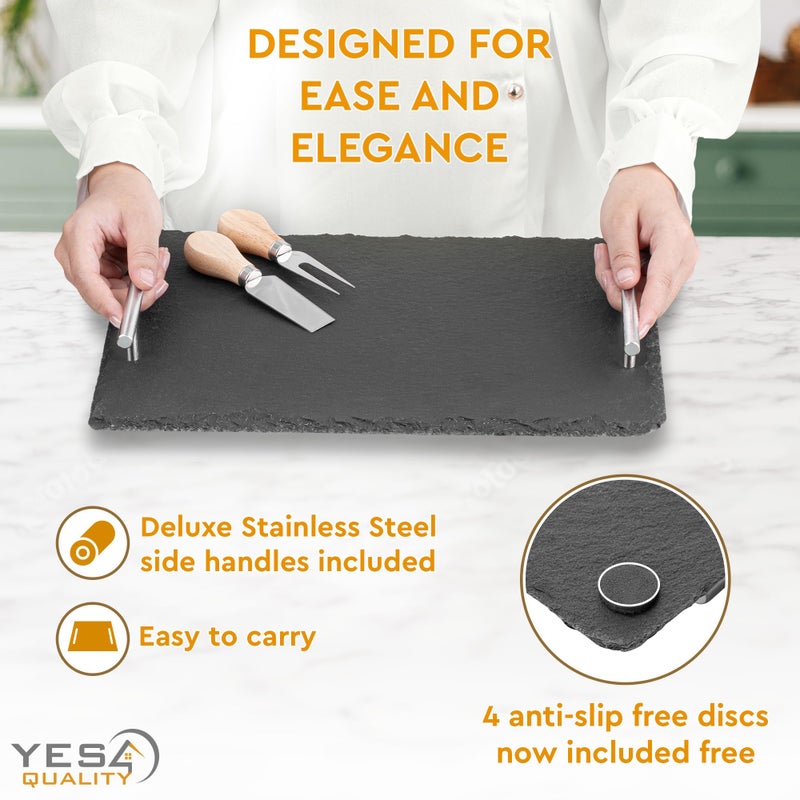 YES4QUALITY Slate Cheese Board Set w/Easy Carry Handles (14â€ x 10â€, Black) Natural Stone Slate Tray for Appetizer Serving; Full Deluxe Cheeseboard Platter w/ 3 Knives, 1 Fork & 2 Soapstone Chalks by Yes4Quality - Image 5